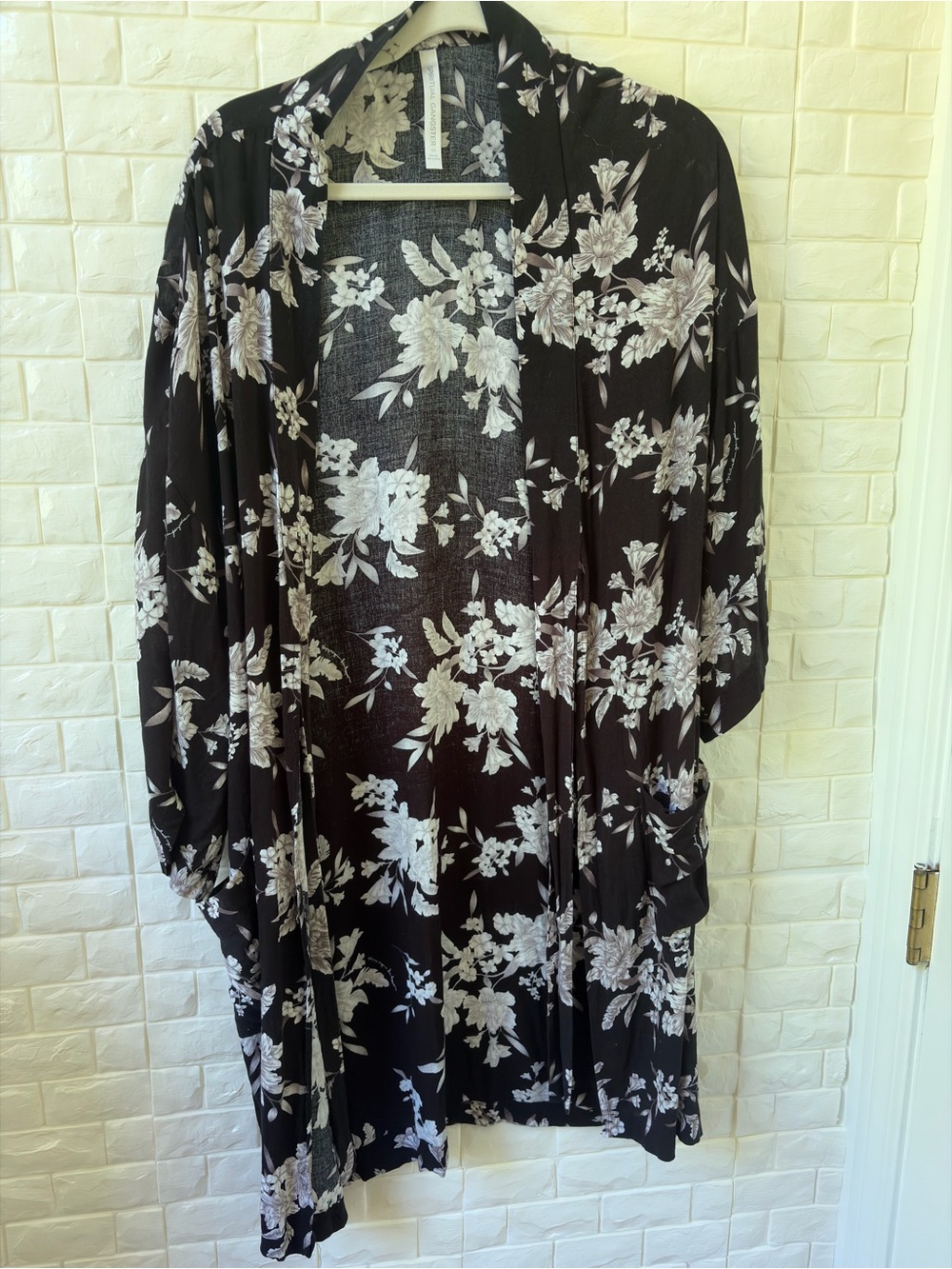 Spiritual Gangster Black Floral Open-Front Kimono Robe